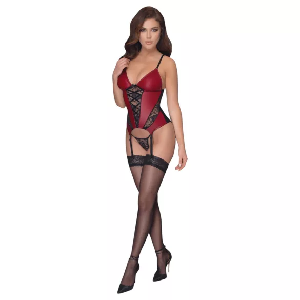 Cottelli - corset cu portjartier și inserții din dantelă, cu tanga (roșu) - M