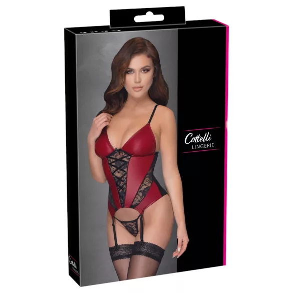 Cottelli - corset cu portjartier și inserții din dantelă, cu tanga (roșu) - M