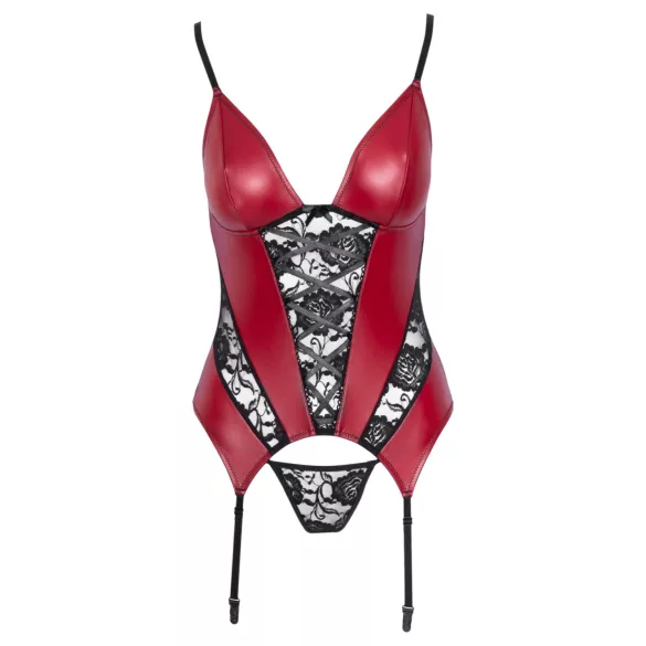 Cottelli - corset cu portjartier și inserții din dantelă, cu tanga (roșu) - M