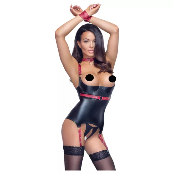 Cottelli Bondage - Top lucios cu ridicare sâni și guler - negru - XL