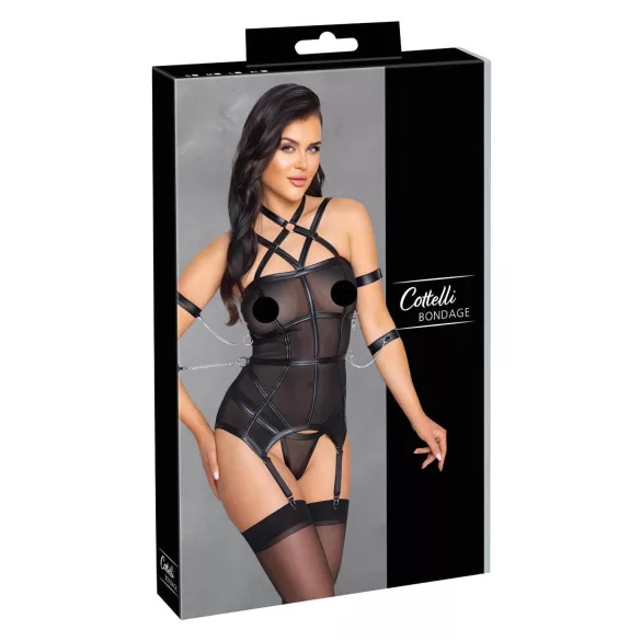 Cottelli Bondage - top cu curele, cătușe pentru mâini și tanga (negru)