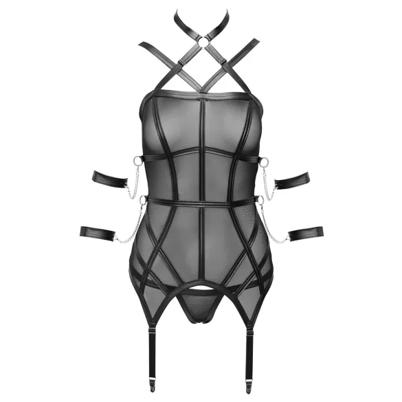 Cottelli Bondage - top cu curele, cătușe pentru mâini și tanga (negru)