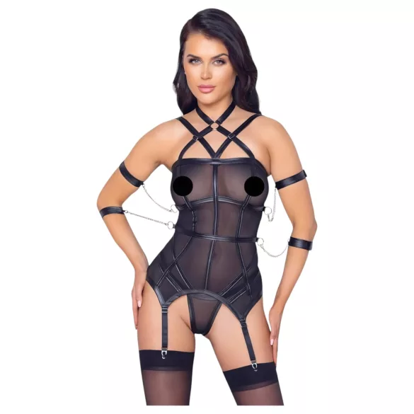 Cottelli Bondage - top cu curele, cătușe pentru mâini și tanga (negru) - M
