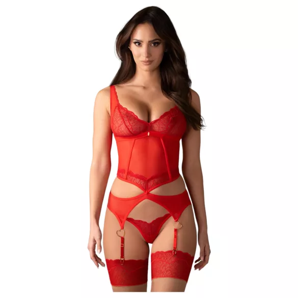 Obsessive - set lenjerie sexy din dantelă transparentă - roșu