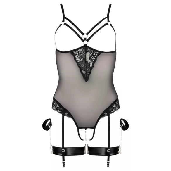 Cottelli Bondage - body cu inele metalice și cătușe pentru mâini - negru - M