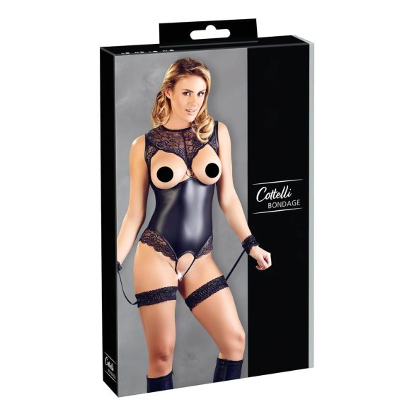 Cottelli Bondage - body deschis lucios și cătușe pentru braț (negru)