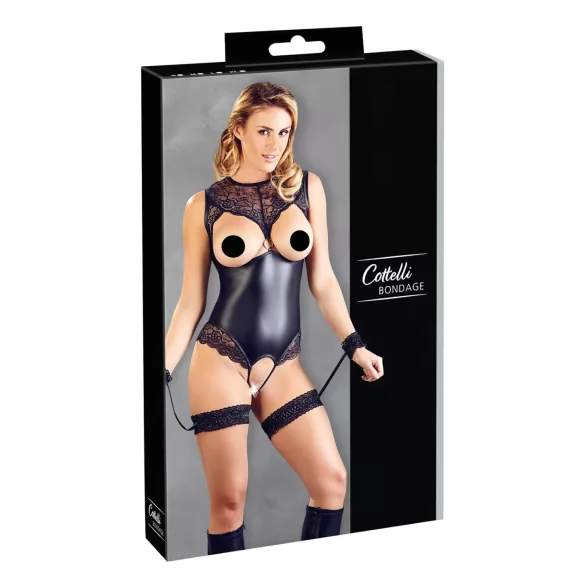 Cottelli Bondage - body deschis lucios și cătușe pentru mâini - negru - L