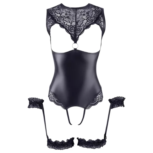 Cottelli Bondage - body deschis lucios și cătușe pentru mâini - negru - L