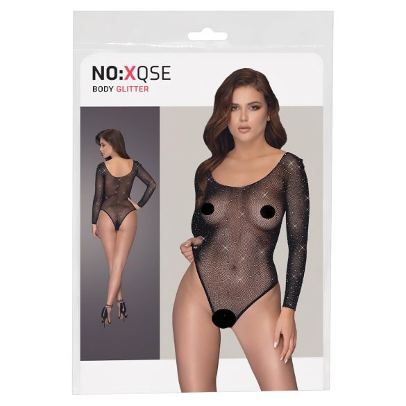 NO:XQSE - body cu mânecă lungă, plasă strălucitoare - negru (S-L)