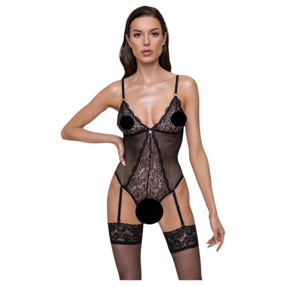 Cottelli - body negru dantelat cu portjartier și deschidere.