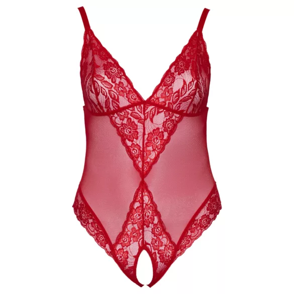 Cottelli Curves - body din dantelă transparentă - roșu - 3XL