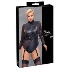   Cottelli Bondage Plus Size - body cu mâneci din dantelă (negru)