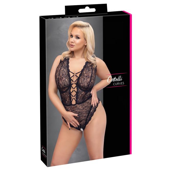 Cottelli Curves Plus Size - body transparent negru cu model