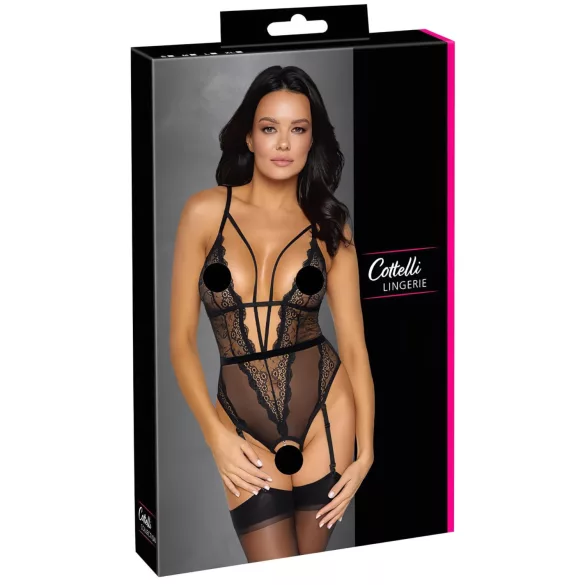 Cottelli - body deschis cu bretele și portjartier - negru - M