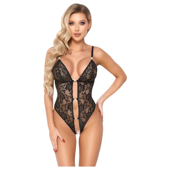 Abierta Fina - body deschis cu dantelă și strasuri (negru) - M