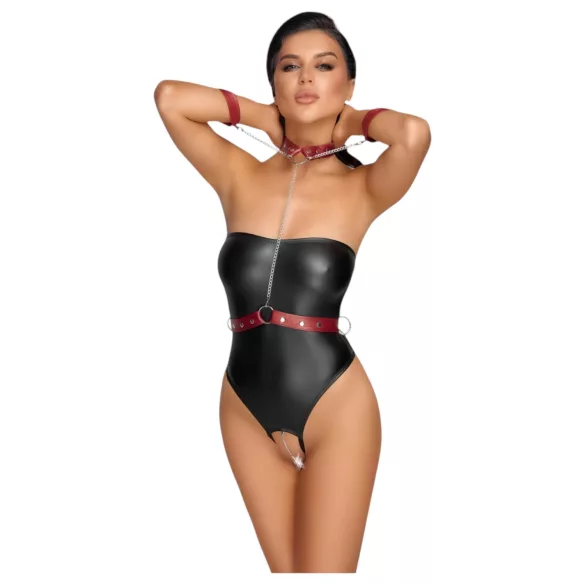 Cottelli Bondage - body lucios și cătușe pentru brațe (negru) - M