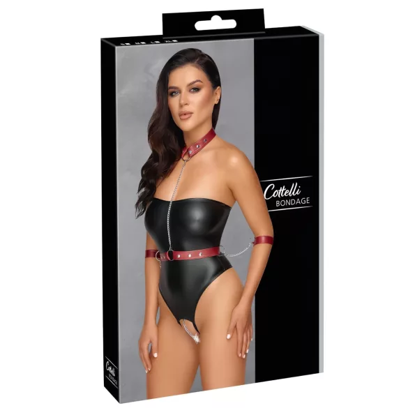 Cottelli Bondage - body lucios și cătușe pentru brațe (negru) - M