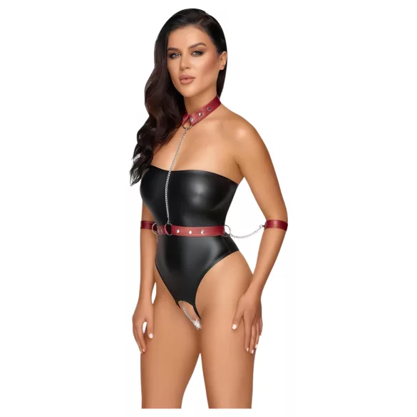 Cottelli Bondage - body lucios și cătușe pentru brațe (negru) - M