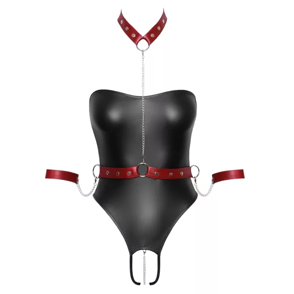Cottelli Bondage - body lucios și cătușe pentru brațe (negru) - M