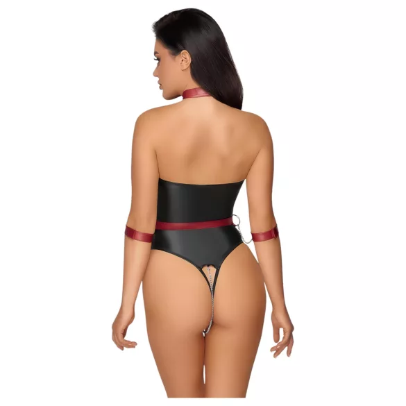 Cottelli Bondage - body lucios și cătușe pentru brațe (negru) - M