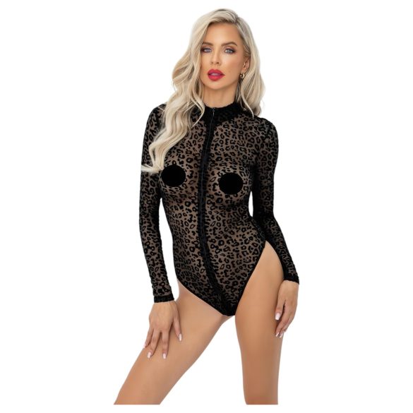 Noir - body negru cu mânecă lungă și model leopard