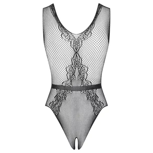 Body din dantelă Obsessive deschis, cu model floral (negru)