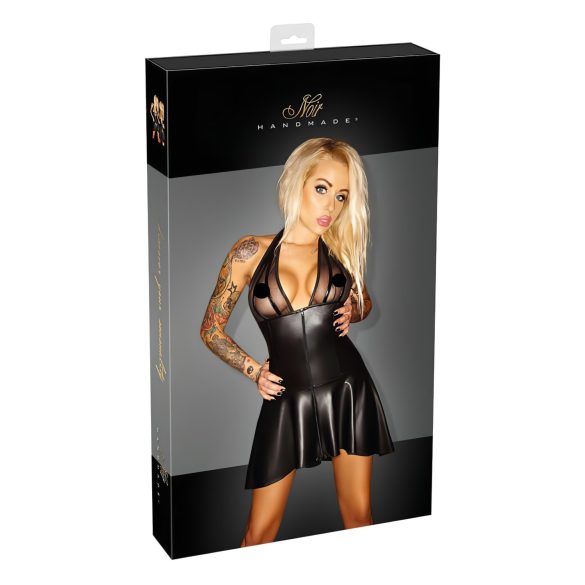Noir - rochie stratificată, cu corsaj transparent și guler halter (neagră)