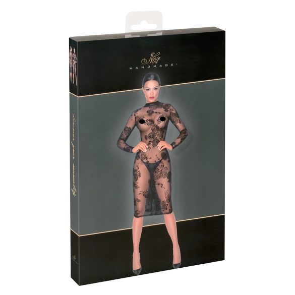 Noir - rochie neagră, transparentă, florală cu mâneci lungi
