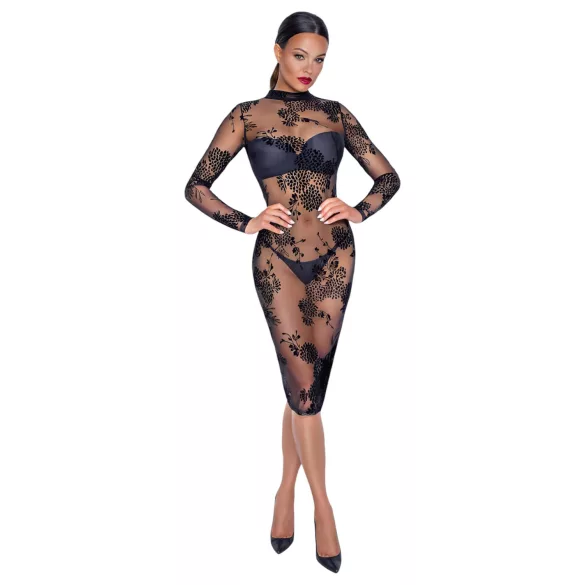 Noir - rochie neagră, transparentă, florală cu mâneci lungi
