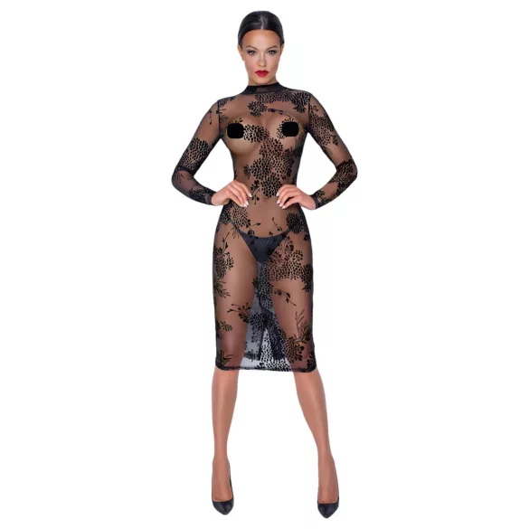 Noir - rochie neagră, transparentă, florală cu mâneci lungi