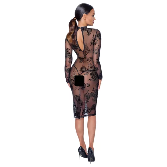 Noir - rochie neagră, transparentă, florală cu mâneci lungi