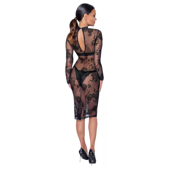 Noir - rochie neagră, transparentă, florală cu mâneci lungi