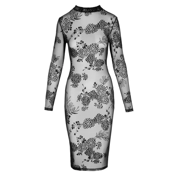 Noir - rochie neagră, transparentă, florală cu mâneci lungi
