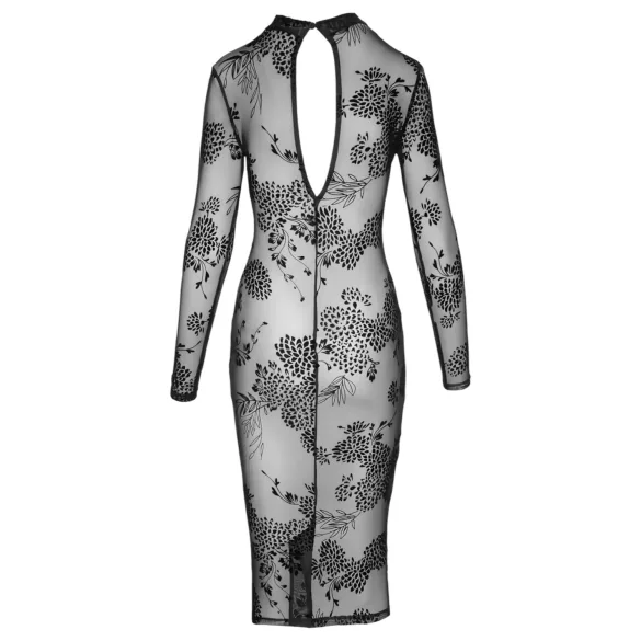 Noir - rochie neagră, transparentă, florală cu mâneci lungi