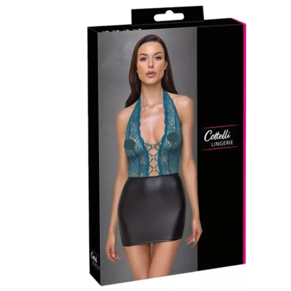 Cottelli - rochie lucioasă din dantelă cu șireturi (negru-verde) - M