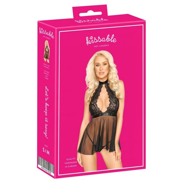 Kissable - babydoll scurt cu guler, dantelă - negru