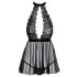 Kissable - babydoll de dantelă neagră, cu guler de sărut. - L/XL