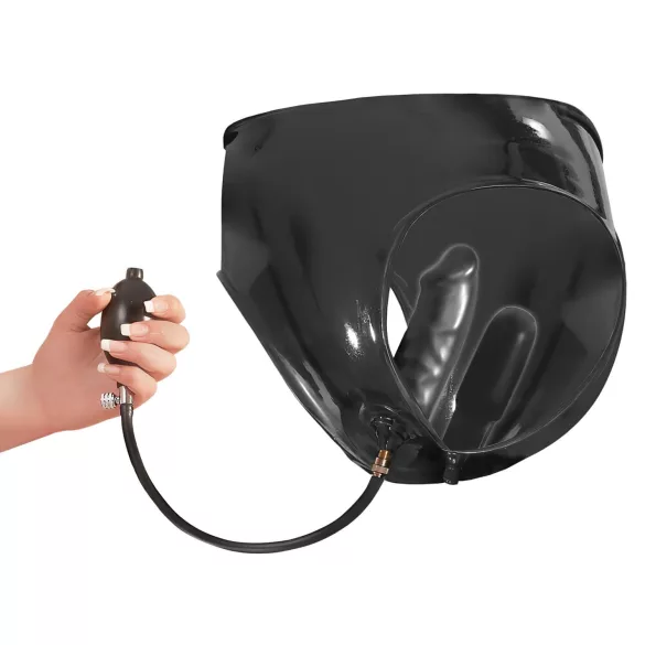 LATEX - chiloți damă cu 2 dildouri interne umflabile - latex negru - L