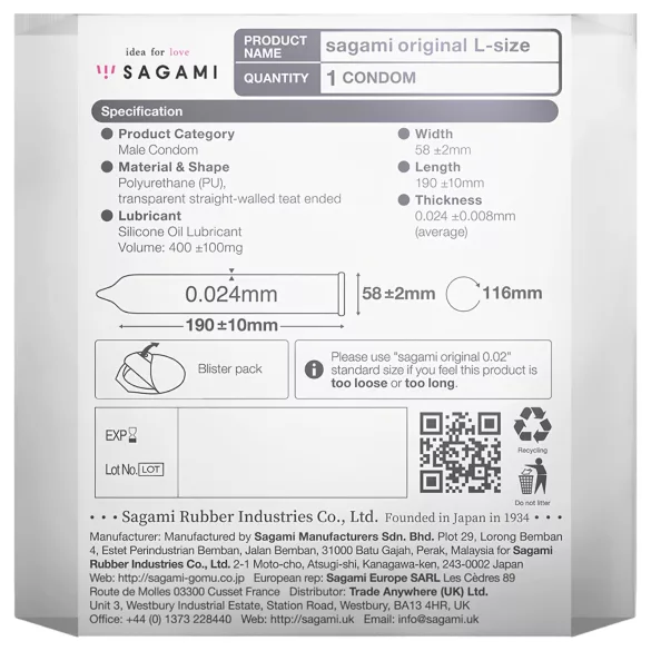Sagami Original 0,02 L - prezervativ ultra subțire - 58mm - 1 bucată