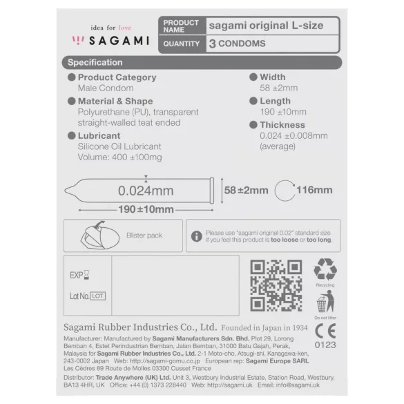 Sagami Original 0,02 L - prezervative ultrafine - 58mm - 3 bucăți