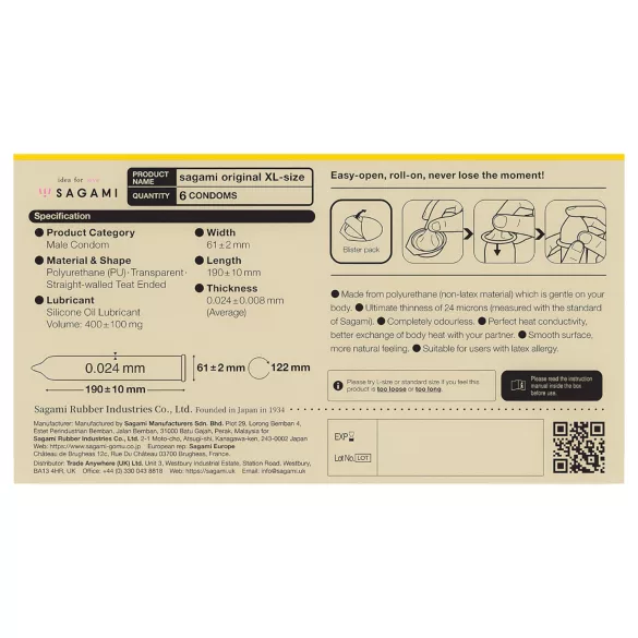 Sagami Original 0,02 XL - prezervative - extra mare - 61mm - 6 bucăți