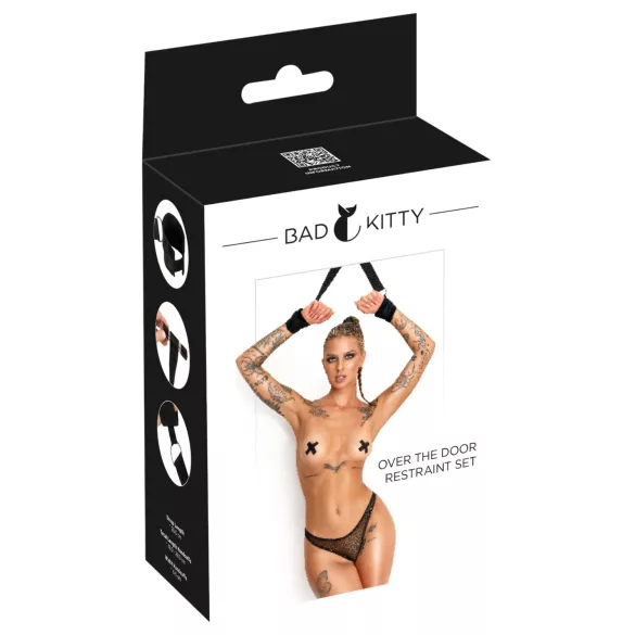 Bad Kitty - set de cătușe pentru încheieturi, agățabile de ușă (negru)