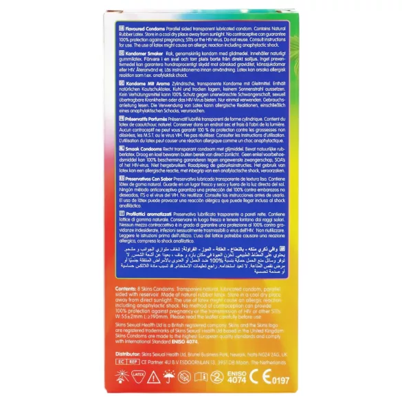 Skins - prezervative cu arome - mentă, gumă de mestecat, banană, căpșuni (8 bucăți)