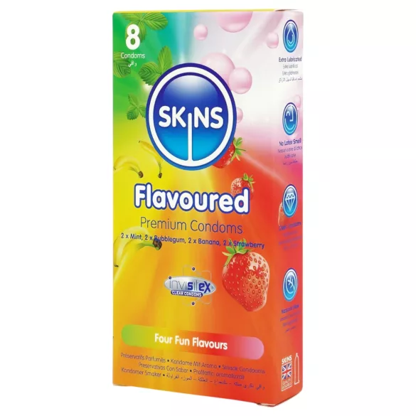 Skins - prezervative cu arome - mentă, gumă de mestecat, banană, căpșuni (8 bucăți)
