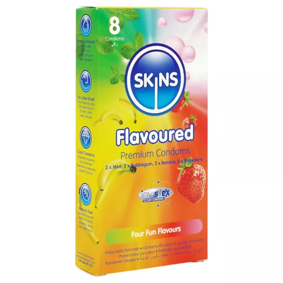 Skins - prezervative cu arome - mentă, gumă de mestecat, banană, căpșuni (8 bucăți)