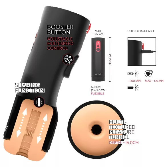WYNE 08 - masturbator electric cu mișcare sus-jos - negru