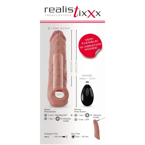 Realistixxx - mânecă realistă penis cu vibrații wireless - silicon natur 20cm