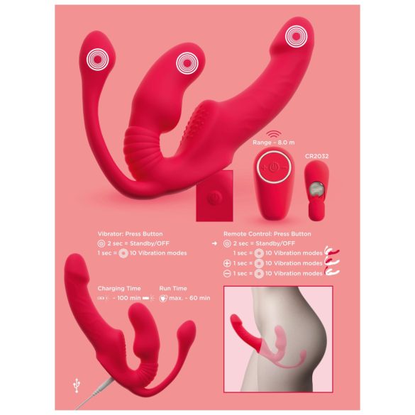 You2Toys Strapless - vibrator cu curea, cu 3 brațe (roz)