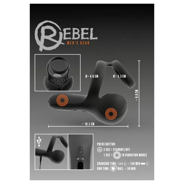 Rebel - inel penian cu vibrații pentru stimularea testiculelor și a perineului (negru)