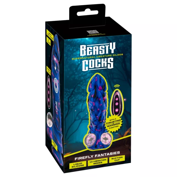 Beasty Cocks Firefly Fantasies - vibrator fantasy cu funcție de încălzire și mișcare de împingere (albastru) - 23,4 cm